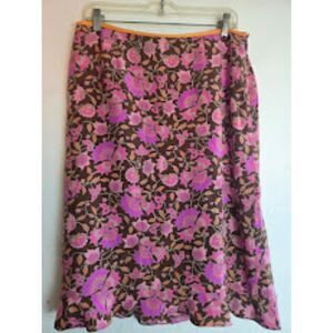 Ann Taylor Brown w/Pink Purple Floral 100% Silk A-Line Ruffle Hem Skirt size 14